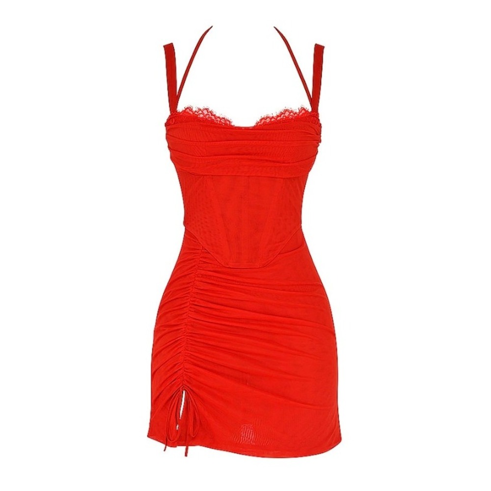 NWT Mistress Rocks Red Mesh Ruched Corset Mini Dress Halter Neck Lace Trim XS - Picture 6 of 15